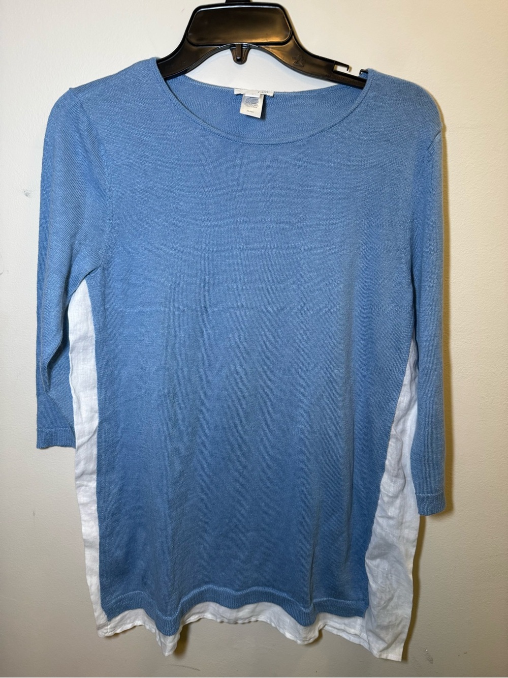 J. Jill Womens Small Blue & White Colorblock Linen Blend Knit 3/4 Sleeve Sweater